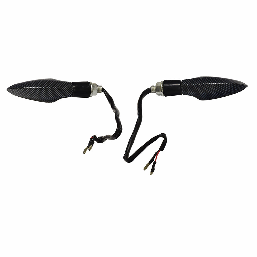 Amber LED Turn Signal Lights for Scooters (Set of 2) - Close-up of two black, oval-shaped LED lights with connecting electrical wires, designed for easy installation on 12V DC scooter systems.