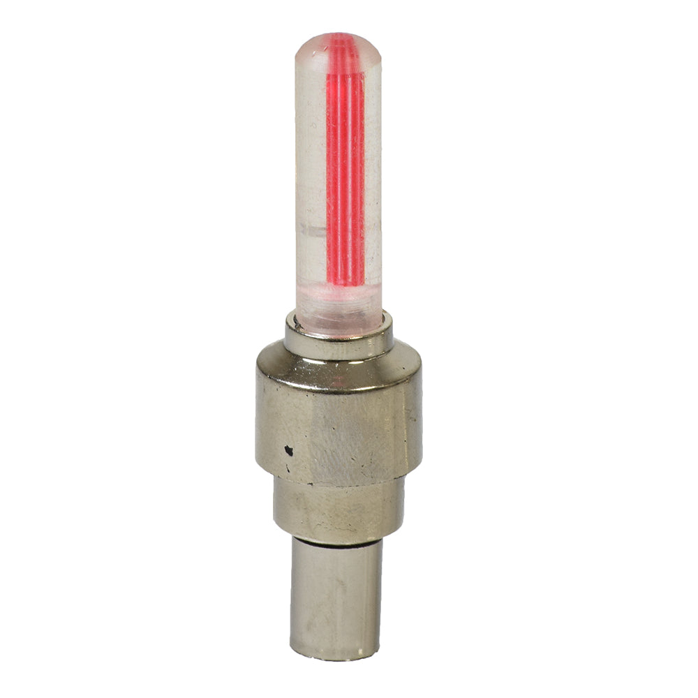 Red Valve Stem Light for the Razor MX400, featuring a sleek cylindrical design with metal accents, flashes when in motion, enhancing safety by attaching securely to the innertube valve stem.