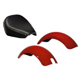 Seat & Fender Cosmetic Refresh Mini Bike Kit featuring a wide black vinyl saddle and durable red plastic fenders, designed to replace worn components and fit various mini bike models.