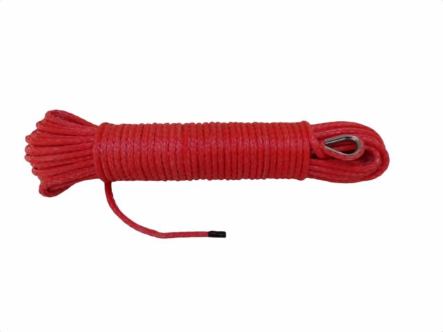 3/16 x 50' 4000-4500 lbs. Synthetic ATV Winch Line featuring a red rope with a metal hook, designed for compatibility with standard ATV electric winches, offering lightweight and durable performance.