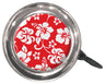 Close-up of a Swell Bell Chrome Bicycle & Scooter Bell with a red and white floral design, featuring a durable metal base and thumb lever for a loud, crisp ring.