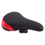 Mullet Saddle Seat for Bikes by Black Ops featuring a cushioned PVC cover with a colored back strap, designed for BMX style and universal fit on standard seat posts.