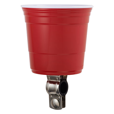 Red Cup Living Bicycle Drink Holder shown with a red cup and white lid, featuring a stainless steel handlebar attachment and extra thick rubber grip, designed for easy installation on various bike styles.