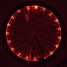 LED Bicycle Rim Spoke String Lights on a bicycle wheel, featuring a visible red light. The lights enhance visibility and safety, with easy installation around the wheel.