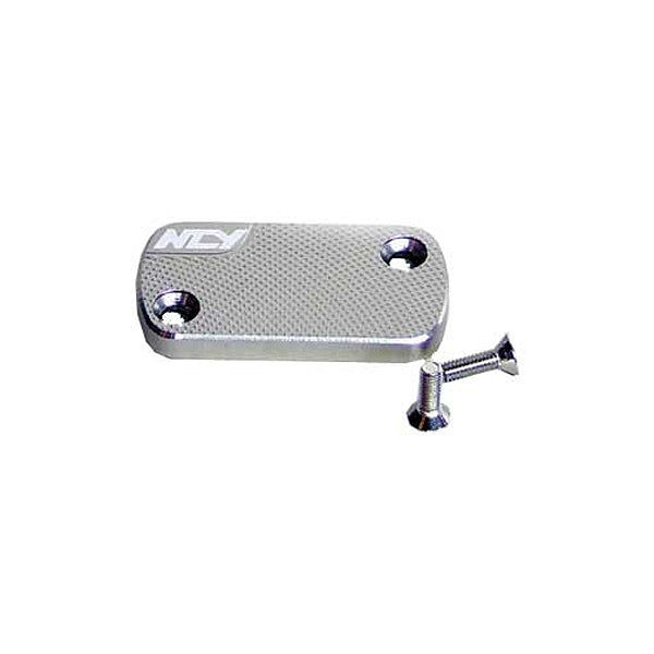 Reservoir Cover for Honda Scooters by NCY, featuring a silver rectangular metal object with visible screws, shown in a close-up to highlight its quality craftsmanship and durability.