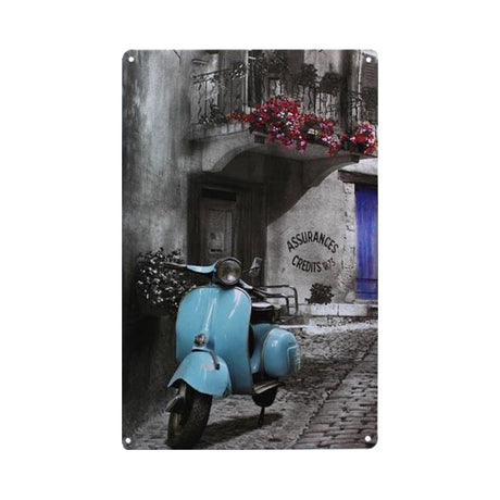 8 x 12 Retro Blue Scooter Metal Sign showing a vintage blue scooter parked on a cobblestone street, capturing a timeless Parisian scene.