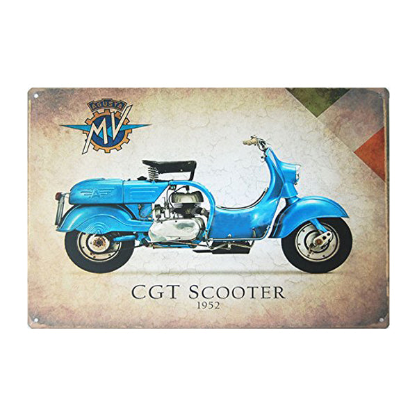 12 x 8 Retro 1952 CGT Scooter Metal Sign featuring a detailed vintage blue scooter with black seat and wheels, perfect for adding classic 1950s elegance to any wall.