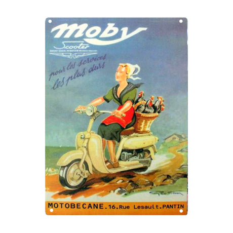 8 x 12 Retro Moby Scooter Metal Sign featuring a woman riding a scooter with a basket of chickens, capturing the charm of vintage Euro-scooter culture.