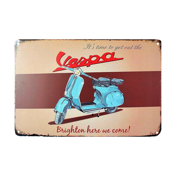 12 x 8 Retro Mod Vespa Scooter Metal Sign featuring a blue scooter illustration, perfect for vintage decor or gifts for scooter enthusiasts.