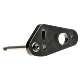 Right Anti-Tip Bracket for the Jazzy 1420 and 1650, a black metal object with a hole, crucial for holding the small wheel in place on power chairs, ensuring rider safety.