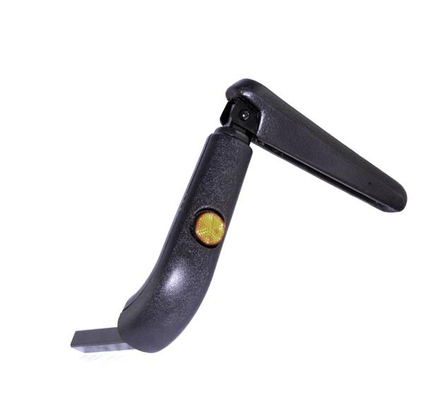 Right Armrest Assembly for the Shoprider Scootie, Xtralite 3, and Xtralite 4 featuring a black plastic handle with a yellow reflector, shown in a close-up view.