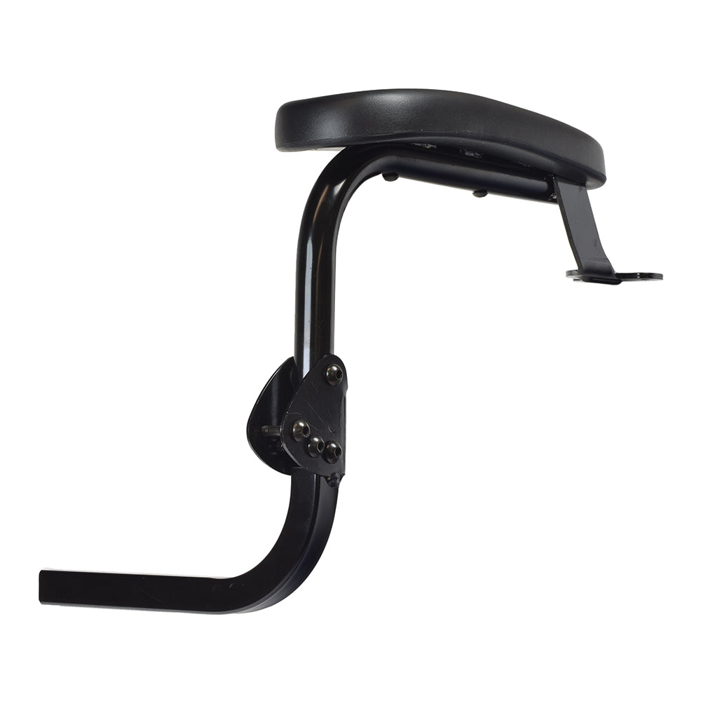 Right Armrest Assembly for the Shoprider Xtralite Jiffy, featuring a black bicycle seat with integrated metal arm rest and screws, designed for enhanced rider comfort and support.