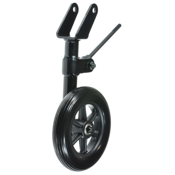 Right 6 Black Anti-Tip Wheel Assembly for the Jazzy Select HD Power Chair, featuring a black tire and complete with shock-absorbing spring, nuts, bolt, and washers, designed for the right side only.