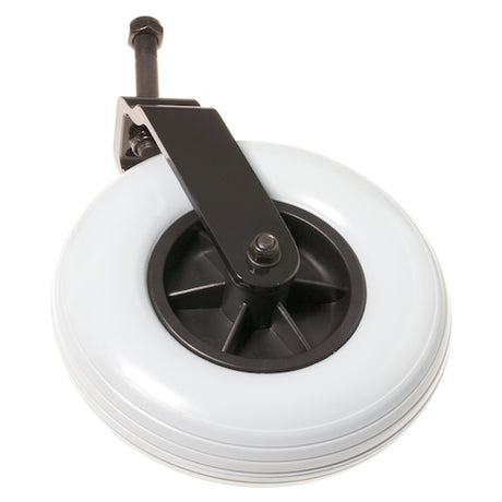 8x2 (200x50) Right Rear Caster Wheel Assembly with Fork for Jazzy and Jet Power Chairs, featuring a white wheel paired with a sturdy black handle attached to the assembly.