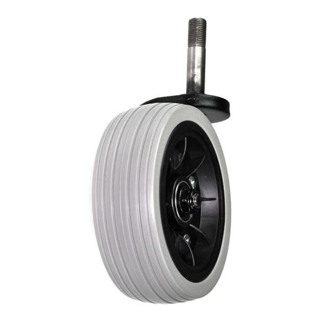 Right Caster Wheel Assembly for the Go-Go Go-Chair, featuring a 5 gray tire with a black rim, attached to a metal screw and fork assembly. Includes all washers, nuts, bolts.