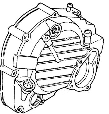 Right Crankcase Cover for Honda Helix CN250 (All Models) (OEM), depicted in a detailed black and white line drawing, showcasing the mechanical intricacies and design specifications of the part.