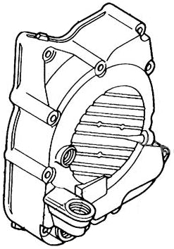 Right Crankcase Cover for Honda Elite 250 (1989-1990 Models) (OEM), illustrated as a black and white mechanical drawing, showcasing the circular and intricate design elements of the part.