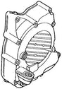 Right Crankcase Cover for Honda Elite 250 (1989-1990 Models) (OEM), illustrated as a black and white mechanical drawing, showcasing the circular and intricate design elements of the part.