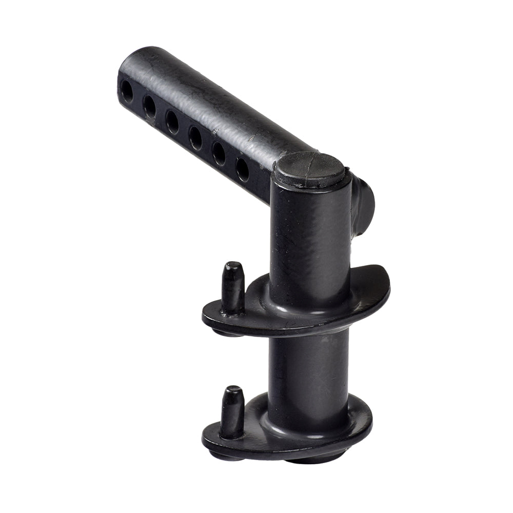 Foot Rigging Hanger for Invacare Pronto M91 with SureStep (Left or Right), a black metal cylindrical object with multiple holes, essential for footrest stability and comfort.