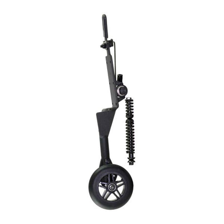 Right Front Anti-Tip Wheel Assembly for Jet 3 Ultra & Jet 10 Ultra Power Chairs, featuring a black wheel, spring, metal stand, and mounting components.