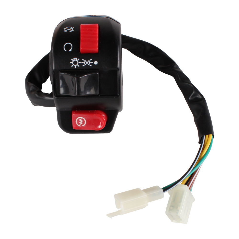 On/Off, Light, & Kill Switch for GY6 Scooters, featuring red buttons and multiple wires, designed for right-side handlebar mounting, providing essential control functions for modern GY6-powered scooters.