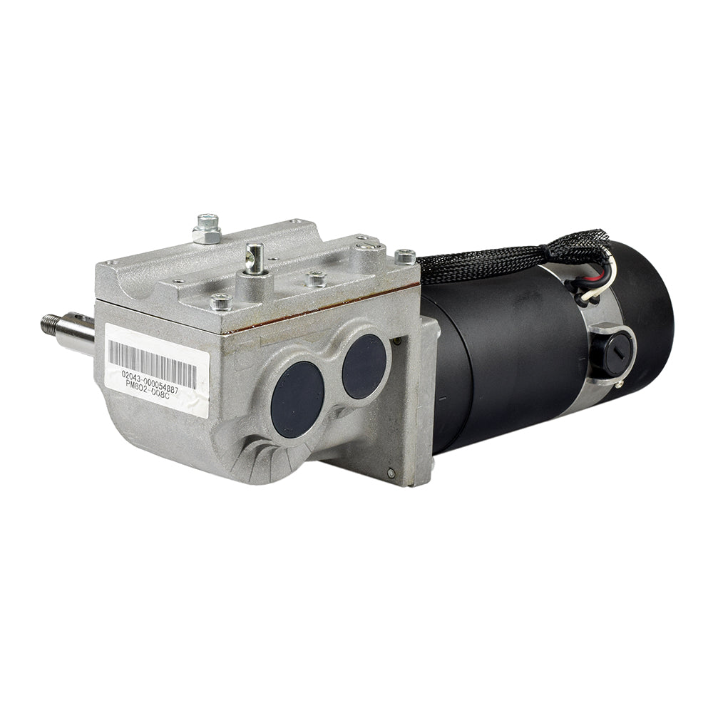 Right Motor Assembly (PM802-D08C) for the Jazzy Select 14, Select HD, Pride J6 & TSS 450 featuring a grey and black machine with a silver metal box, screws, bolts, and various components.