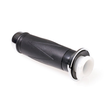 Right Throttle Handlebar Grip for Baja SC50, featuring a close-up of the black rubber molding with a white rubber insert and chrome end cap, designed for the Baja Sun City 50cc street scooter.