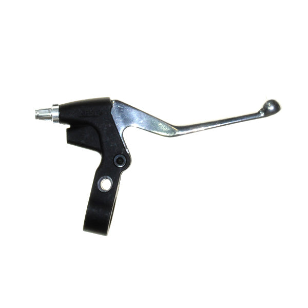 Right V-Brake Lever for Currie Scooters: Close-up of a black and silver bicycle brake lever attached to a handlebar, designed specifically for Currie electric scooters with V-brake systems.