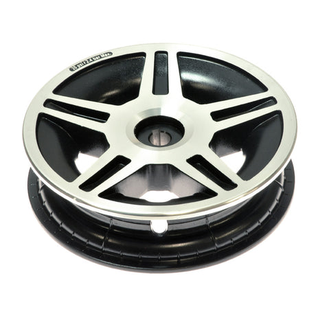 Drive Wheel Rim for the Jazzy 614 and 614HD, showing a close-up of its black and silver split-rim design with bolted outer and inner sides.