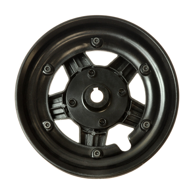 Drive Wheel Rim for the Jazzy 614 and 614HD, featuring a black, split-rim design with a central hole, bolted inner and outer sides, suitable for mounting flat-free foam-filled or solid tires.