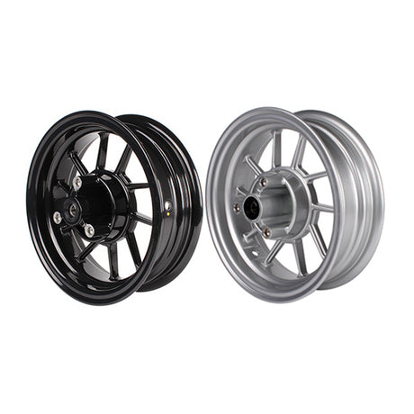 Front End Kit Replacement Rim for the Honda Ruckus, featuring a close-up view of a black and silver 10-spoke alloy wheel suitable for NCY front end kits and disc brake assemblies.