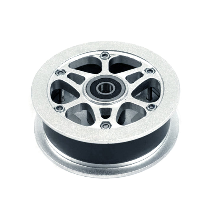 Close-up of the 200x50 (8x2) Rim for Crisp Dirt Scooters, featuring a silver wheel with bearings, compatible with Grit dirt scooter models.