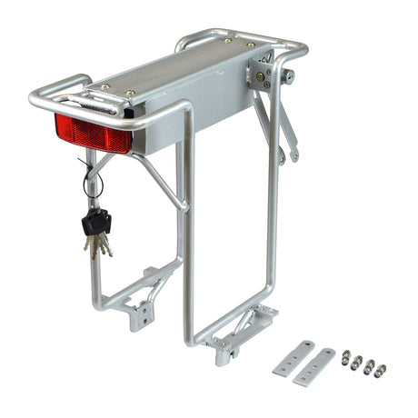 RMB Battery Rack Assembly with Keys for the eZip Trailz and IZIP Vibe, includes a metal rack, keys, screws, and a locking mechanism for secure and easy battery attachment and removal.