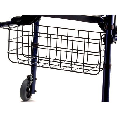 Basket for Invacare 65100 Series Rollators shown attached to a walker. The metal basket sits low, designed to hold up to 10 lbs of items securely.