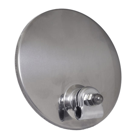 Round Mirror Head for Vespa Scooters with a bright chrome finish and a universal squeeze-clamp, featuring a round metal mirror with a handle and screw for easy attachment to various scooter models.