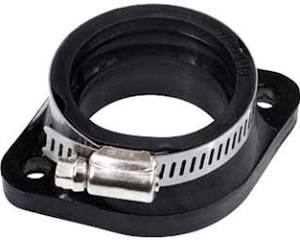 Rubber Carburetor Mounting Flange for Arctic Cat and Polaris Snowmobiles (1974-2010), featuring a black rubber ring with a metal clamp for secure attachment to the engine's cylinder head.