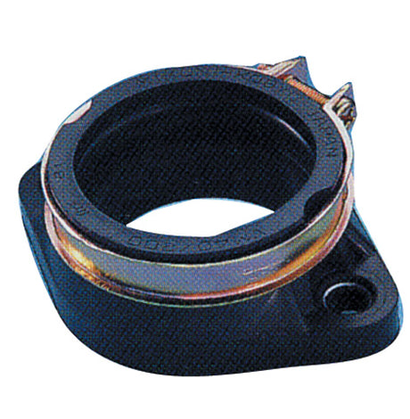 Rubber Carburetor Mounting Flange for Arctic Cat Snowmobiles (1975-2003), featuring a black and silver metal ring design, connects the carburetor to the cylinder head on the engine.