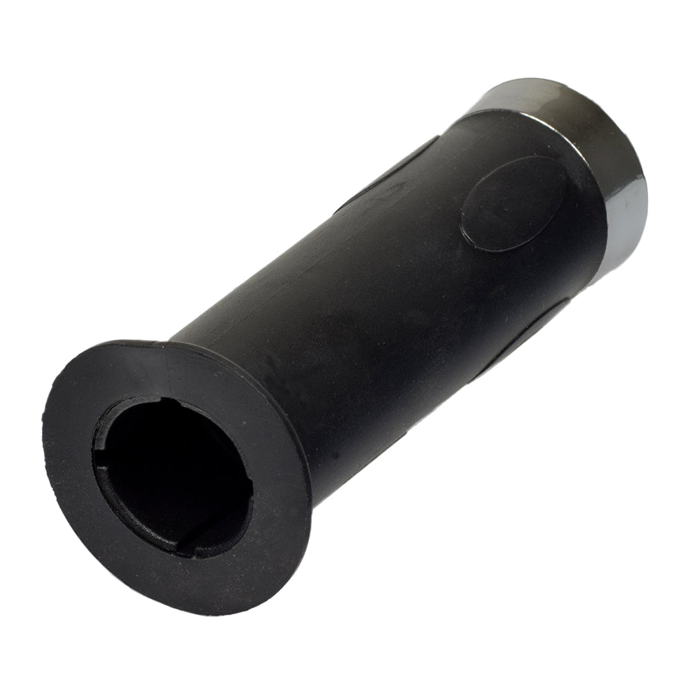 Rubber Handlebar Grip for Bikes & Scooters, featuring a black cylindrical shape with a chrome end cap. Ideal for replacing worn grips on handlebars, available in 2-1/2 and 4-1/2 lengths.