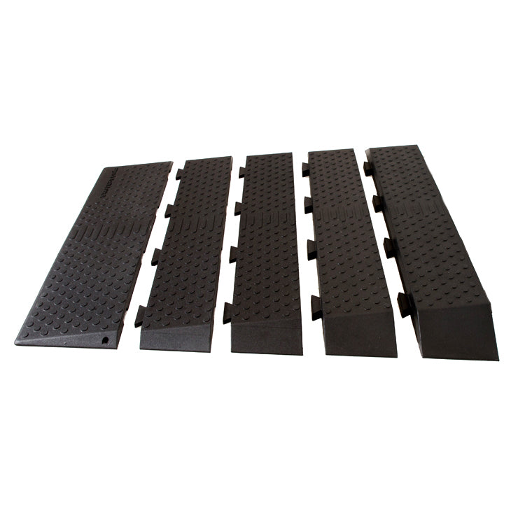 36 Wide Pride Mobility Rubber Threshold Ramp Kit featuring black rubber mats with interlocking sections and textured slip-resistant surface. Ideal for high-traction and ADA compliance, supports up to 850 lbs.