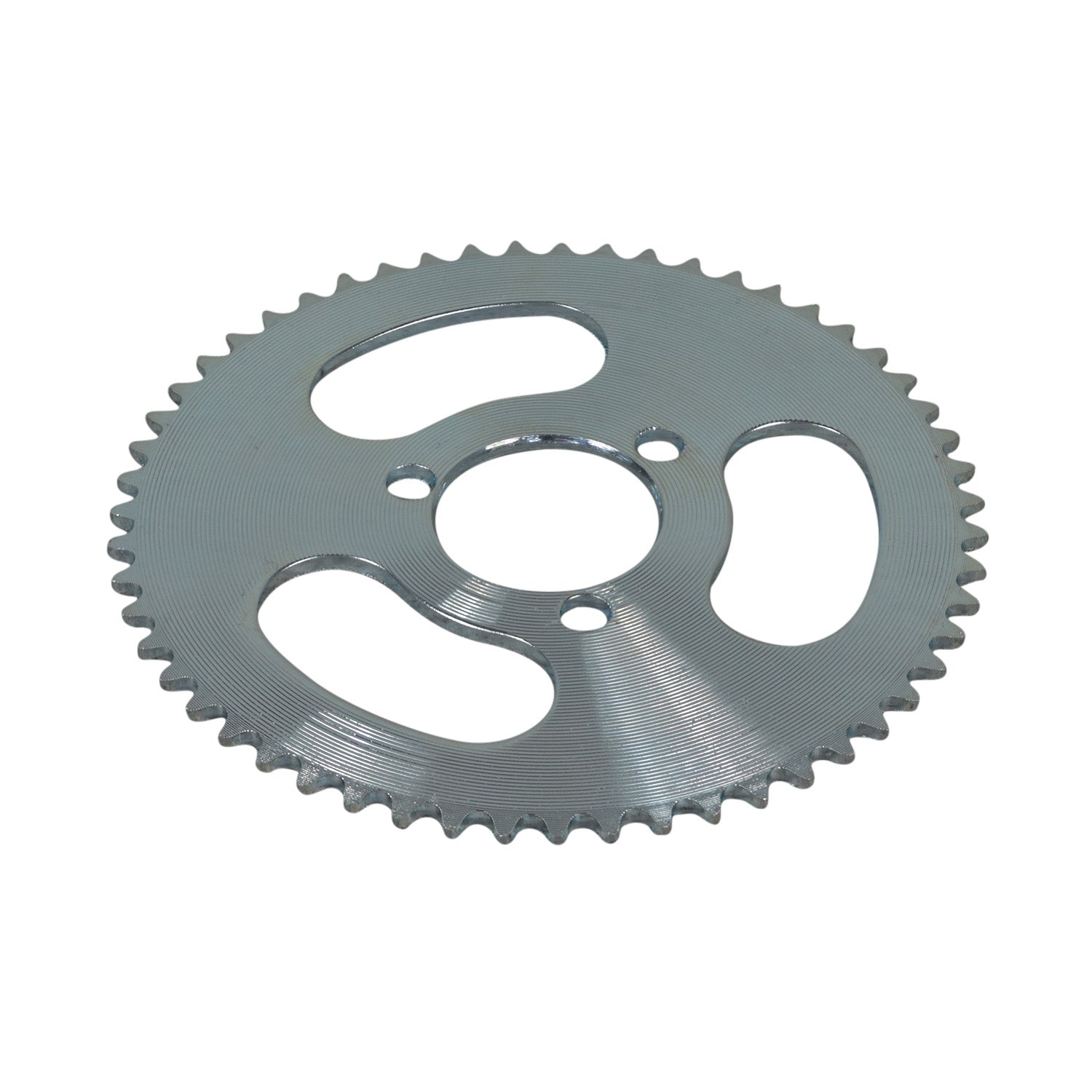 Close-up of the #25 Chain Sprocket - 55 Tooth - 1-5/16 Mounting Hole Circle (x3 Holes), showcasing its silver metal gear design with multiple holes and a central 29 mm diameter opening.