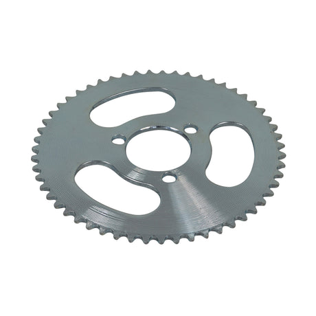 Close-up of the #25 Chain Sprocket - 55 Tooth - 1-5/16 Mounting Hole Circle (x3 Holes), showcasing its silver metal gear design with multiple holes and a central 29 mm diameter opening.