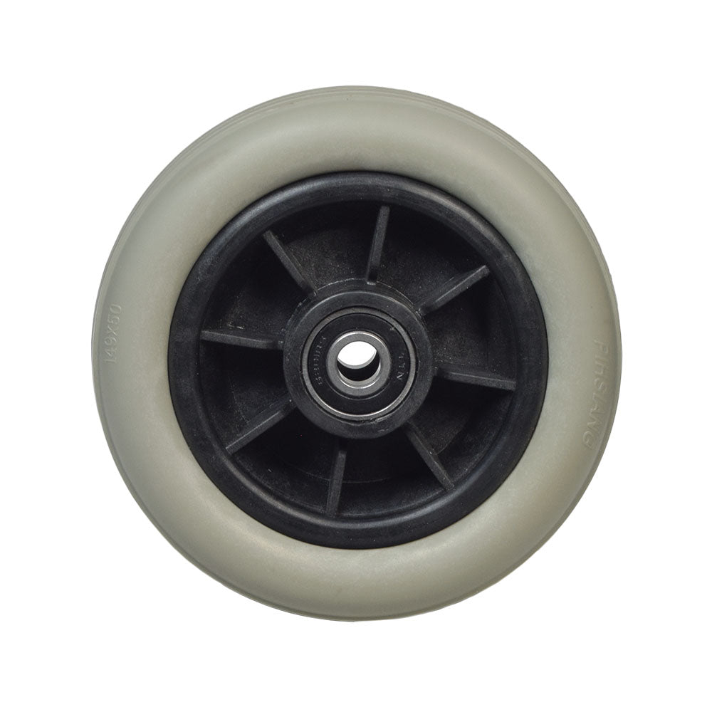 Front Caster Wheel Assembly for Shoprider Power Chairs featuring a black plastic rim and 6201RS wheel bearings, suitable for Streamer models from 2006 onwards.