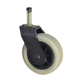 Front Wheel Assembly for Shoprider Power Chairs, featuring a white rubber tire, metal screw, and black cap. Suitable for models including 6Runner 10 Deluxe, Jimmie, Jetstream L, Jetstream M, Smartie, Streamer Sport, and WIZZ.