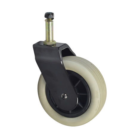 Front Wheel Assembly for Shoprider Power Chairs, featuring a white rubber tire, metal screw, and black cap. Suitable for models including 6Runner 10 Deluxe, Jimmie, Jetstream L, Jetstream M, Smartie, Streamer Sport, and WIZZ.