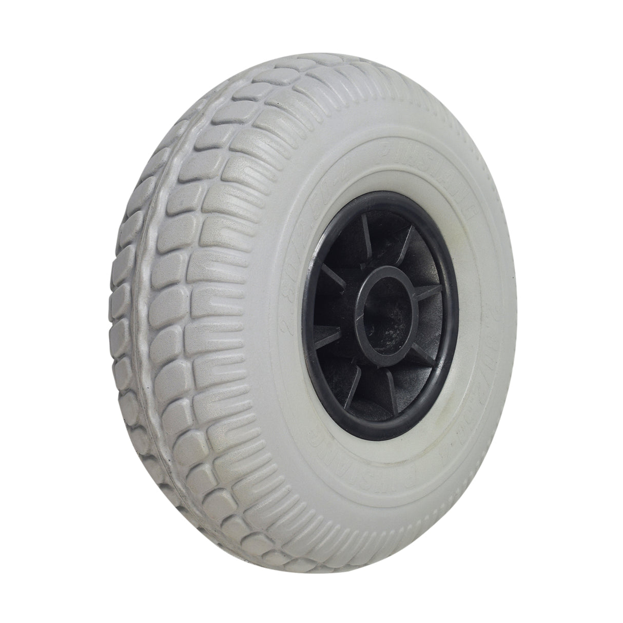 2.80/2.50-4 Rear Wheel Assembly for Shoprider Dasher 9, Jimmie, & Trooper featuring a white wheel with a black rim, suitable for scooters and power chairs.