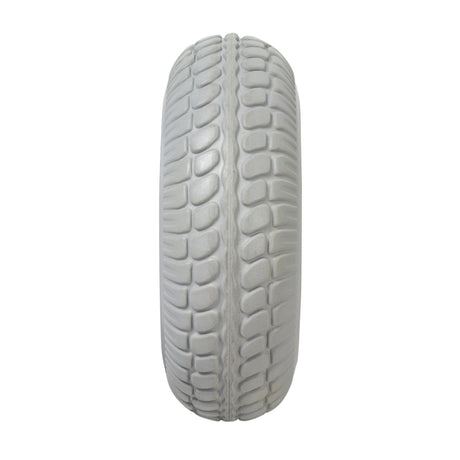 2.80/2.50-4 Rear Wheel Assembly for Shoprider Dasher 9, Jimmie, & Trooper features a white tire with a detailed tread pattern, designed for durability and stability on Shoprider scooters and power chairs.