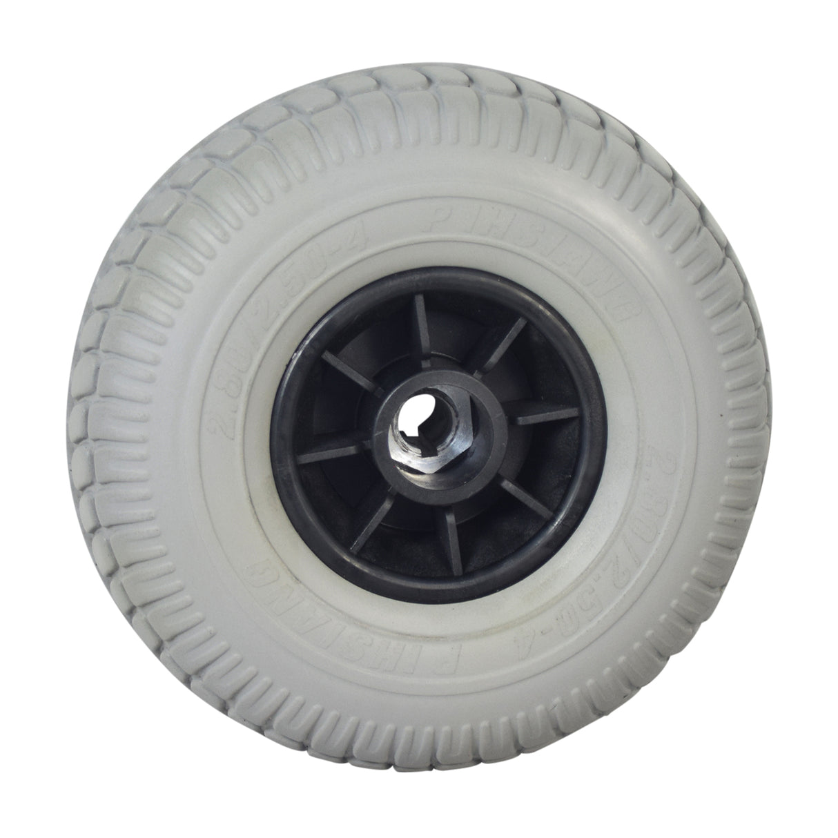 2.80/2.50-4 Rear Wheel Assembly for Shoprider Dasher 9, Jimmie, & Trooper featuring a white wheel with a black rim, showcasing a solid, durable design ideal for scooter and power chair use.