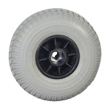 2.80/2.50-4 Rear Wheel Assembly for Shoprider Dasher 9, Jimmie, & Trooper featuring a white wheel with a black rim, showcasing a solid, durable design ideal for scooter and power chair use.