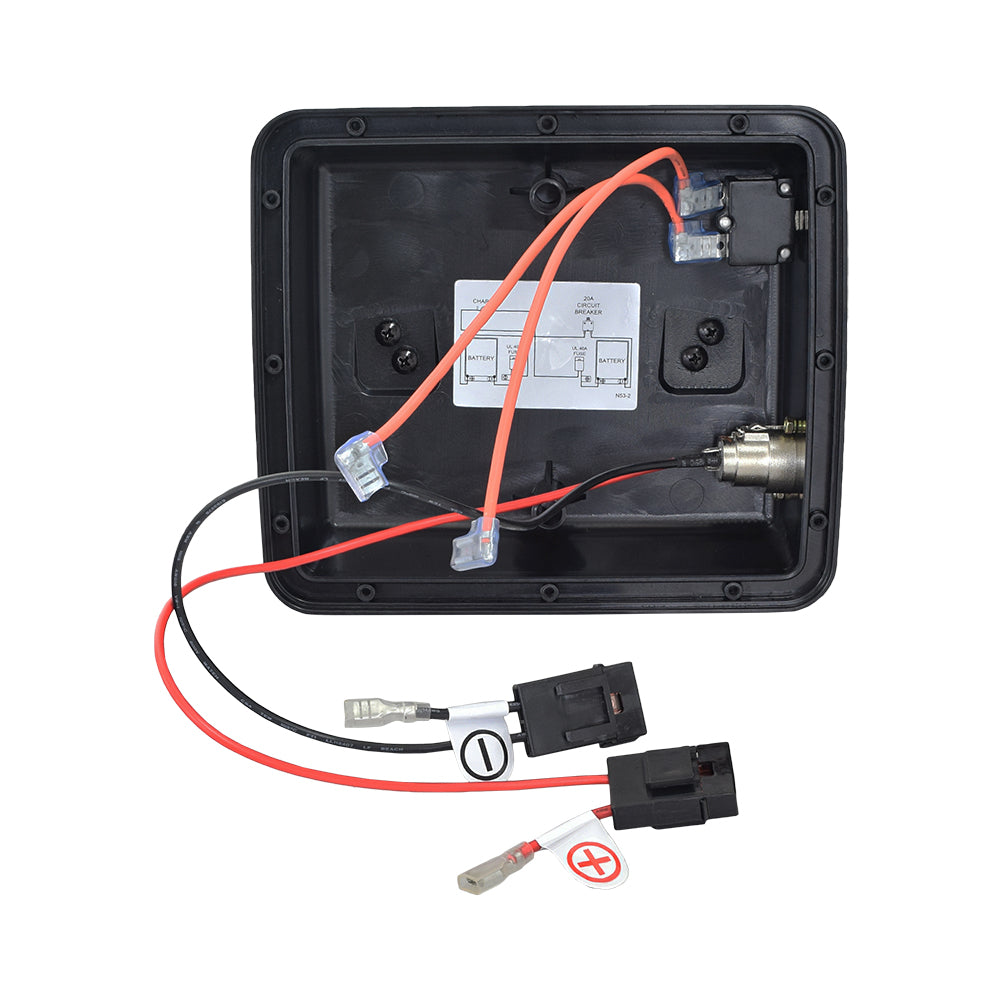 Battery Box Assembly for the Shoprider Echo (SL73) and the Shoprider Hero showing a black box with multiple wires and plugs, complete with charger port and circuit breaker.