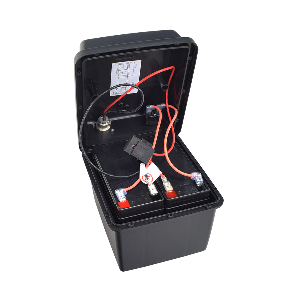 Battery Box Assembly for the Shoprider Echo (SL73) and Shoprider Hero, featuring a compact black box with attached red and black wires, charger port, and circuit breaker.